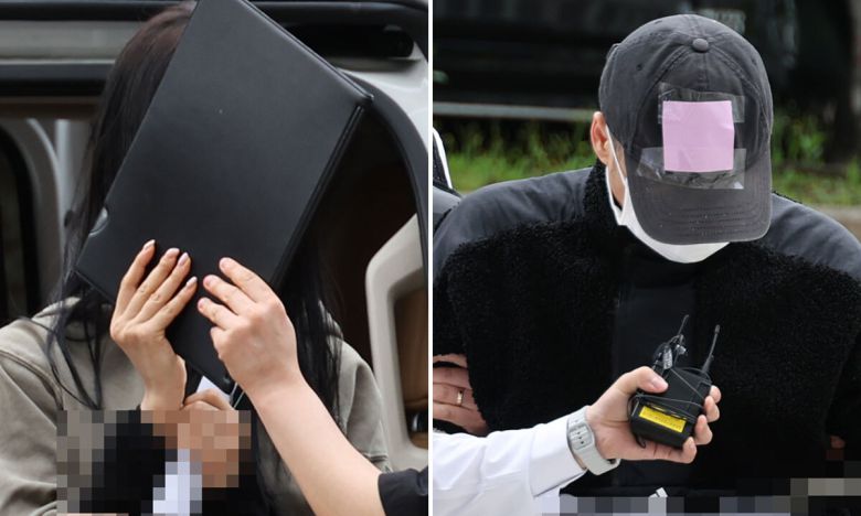 축구 국가대표팀 주장 손흥민의 아이를 임신했다고 주장하며 손씨에게 돈을 뜯어내려 한 20대 여성 양모씨(왼쪽)와 40대 남성 용모씨가 17일 영장실질심사를 받기 위해 서울중앙지법에 들어서고 있다. 연합뉴스
