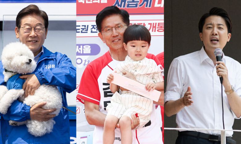 더불어민주당 이재명(왼쪽부터), 국민의힘 김문수, 개혁신당 이준석 대통령 후보가 사전투표 마지막 날인 30일 유세를 펼치고 있다. 뉴스1