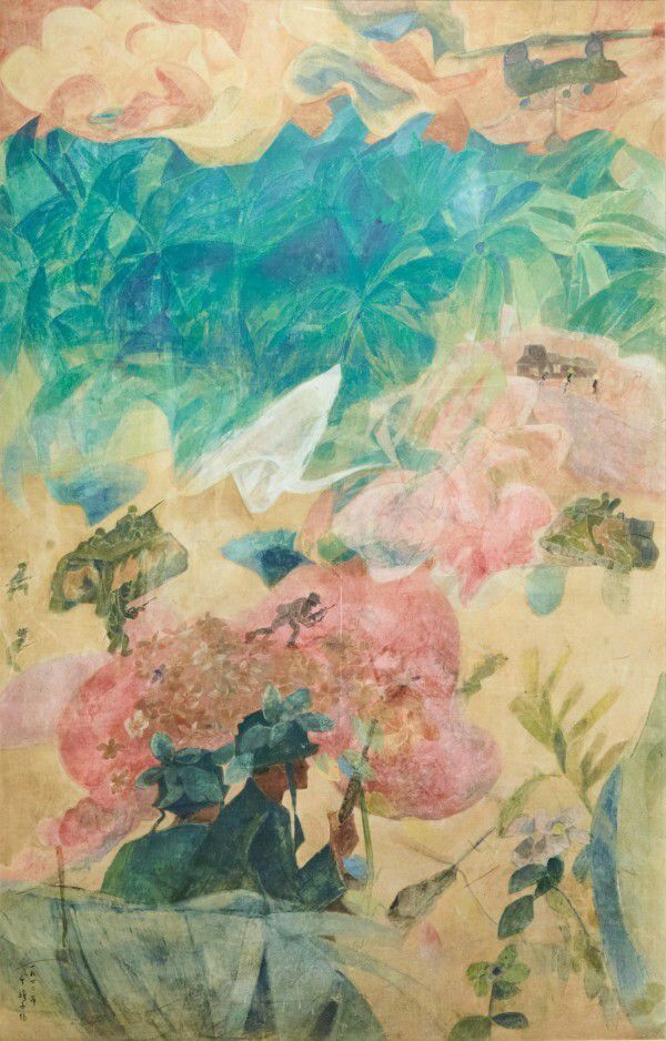 천경자 화백이 베트남 전쟁을 소재로 그린 작품 ‘꽃과 병사와 포성’(1972). 서울시립미술관 제공