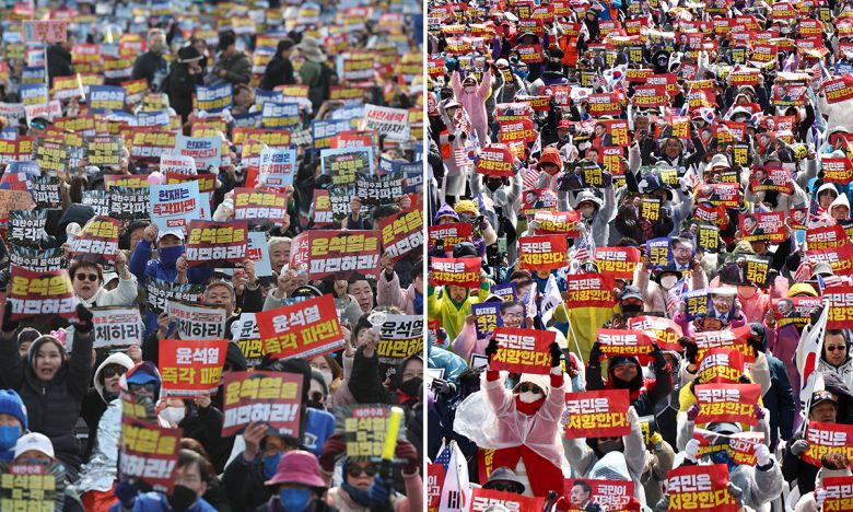 지난 3월 29일 서울 종로구 광화문 일대에서 열린 윤석열 전 대통령 찬반 집회 모습. 왼쪽은 윤석열 즉각 퇴진 사회대개혁 17차 범시민대행진, 오른쪽은 자유통일당 탄핵 반대 집회. 연합뉴스
