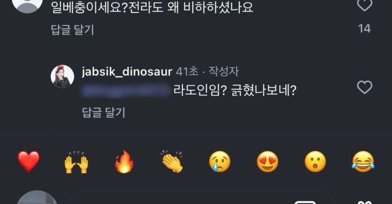 잡식공룡이 누리꾼에게 댓글을 달았다. 인스타그램 캡처.