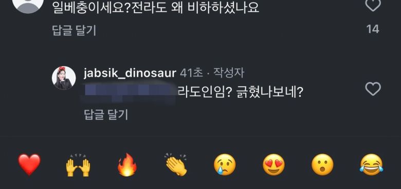 맛집 소개 유튜버 ‘잡식공룡(본명 왕현수)’이 최근 자신의 사회관계망서비스(SNS)의 글에서 한 누리꾼 지적에 보인 반응. 유튜버 ‘잡식공룡’ SNS 계정 캡처