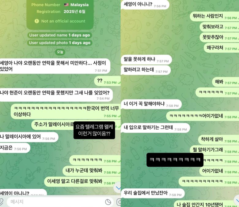 이세영이 지인 사칭 텔레그램 메시지를 박제했다. 인스타그램 캡처.