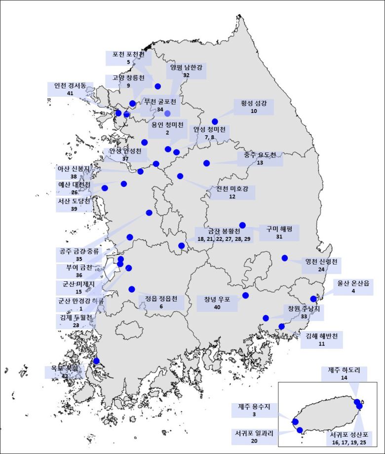2024∼2025년 동절기 야생조류 고병원성 조류인플루엔자(AI) 발생현황 지도. 환경부 제공