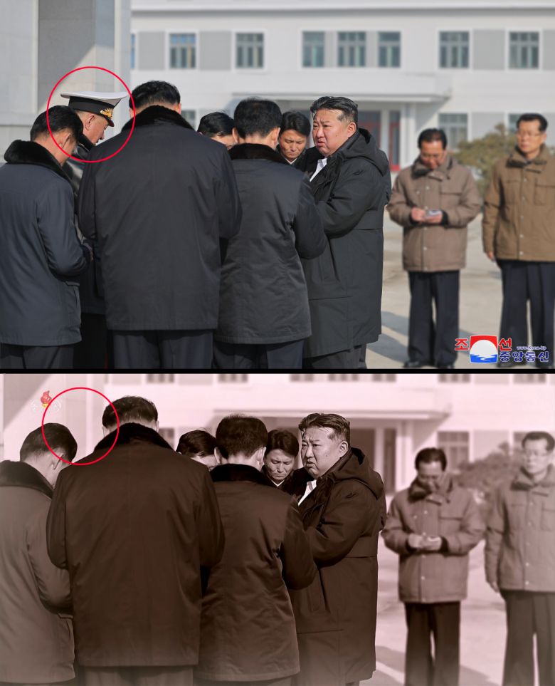 지난 13일 방영한 구축함 '강건호' 진수기념식 영상에서 김정은 국무위원장의 지난 3월 함선건조사업 현지시찰 사진(위)을 재공개하면서 당초 김 위원장과 함께 있던 김명식 전 해군사령관(아래)을 완전히 삭제한 채 편집해 내보냈다. 북한 조선중앙TV·연합뉴스