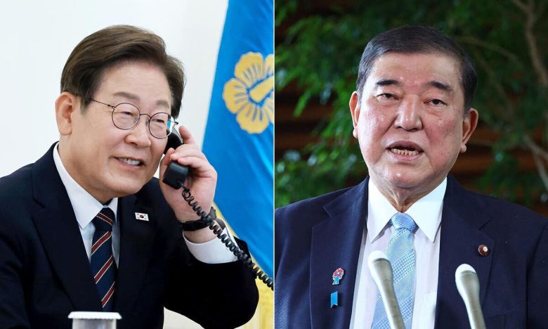 이재명 대통령이 9일 서울 용산 대통령실 청사 집무실에서 이시바 시게루 일본 총리와 전화 통화를 위해 수화기를 들고 있다(왼쪽 사진). 오른쪽 사진은 이시바 총리가 취재진의 질문에 답변하고 있는 모습. 남정탁 기자·도쿄=AFP연합뉴스