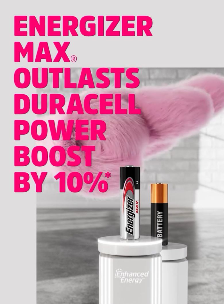 최근 공개된 에너자이저 맥스 광고. 듀라셀보다 10% 더 오래간다는 문구에 대해 듀라셀은 “허위”라며 소송을 제기했다. 에너자이저 광고 캡처