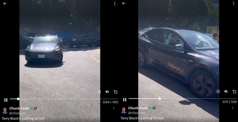사회관계망서비스(SNS) X에 올라온 테슬라의 자율주행 ‘로보택시’ 이동 모습. 주차장을 빠져나가고 있다. 일론 머스크 X 캡처