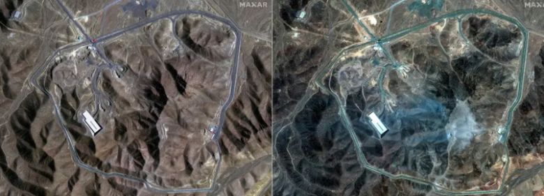 이란 지하 핵시설 포르도를 미국 공습 전후로 촬영한 위성사진. 왼쪽은 지난 20일, 오른쪽은 22일 사진이다. 연합뉴스