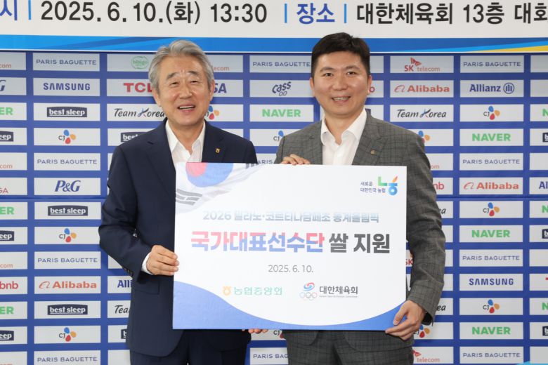 강호동 농협중앙회장(왼쪽)이 10일 서울시 송파구 올림픽회관에서 유승민 대한체육회장(오른쪽)과 쌀소비촉진을 위한 아침밥 먹기 운동 업무협약을 체결하고 있다. 농협중앙회 제공