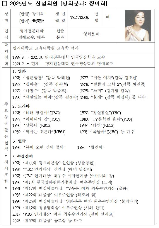 예술원이 공개한 2025신입회원 장미희 약력. 예술원 보도자료