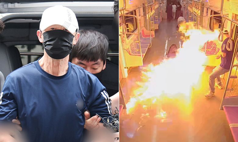 운행 중인 서울지하철 5호선 열차에 불을 지른 원 모 씨(왼쪽), 사건 당시 지하철 내부 모습. 뉴스1·서울남부지검 제공