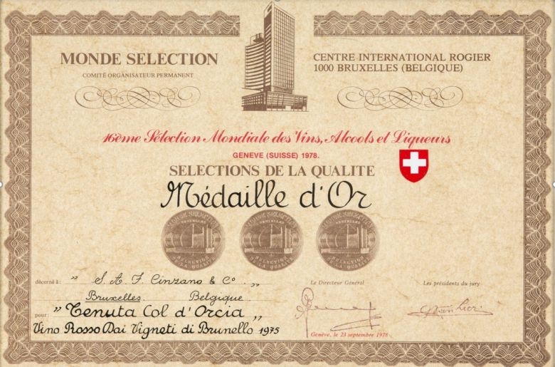 1978년 Monde Selection 골드메달을  수상한 비노 로쏘 다이 비녜티 디 브루넬로. 홈페이지