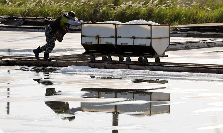 염부 전동길 씨가 수확한 소금을 소금창고로 옮기고 있다.