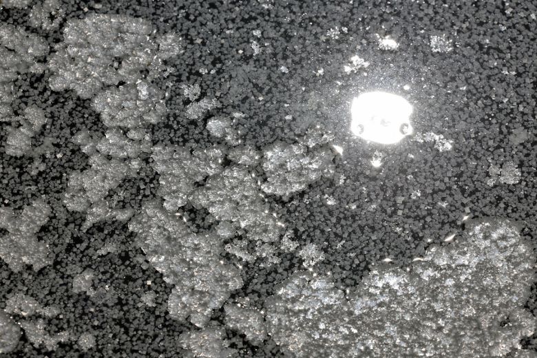 염전 바닥 위에 천일염 결정들이 맺혀 있다. 눈송이처럼 생긴 결정은 바닷물이 태양과 바람을 견디며 일곱 날 동안 빚어낸 작품이다.