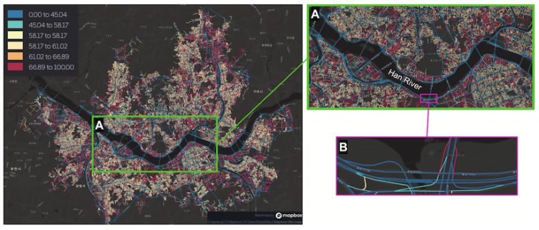 카카오모빌리티는 도로 진출입을 위한 대기열로 인해 사용자의 경로 이탈이 잦아지는 도로 구간(동작대교 남단~올림픽대로 등) 등에서의 운전자 행동 데이터(오른쪽 하단 이미지B)를 분석했다. 카카오모빌리티 제공