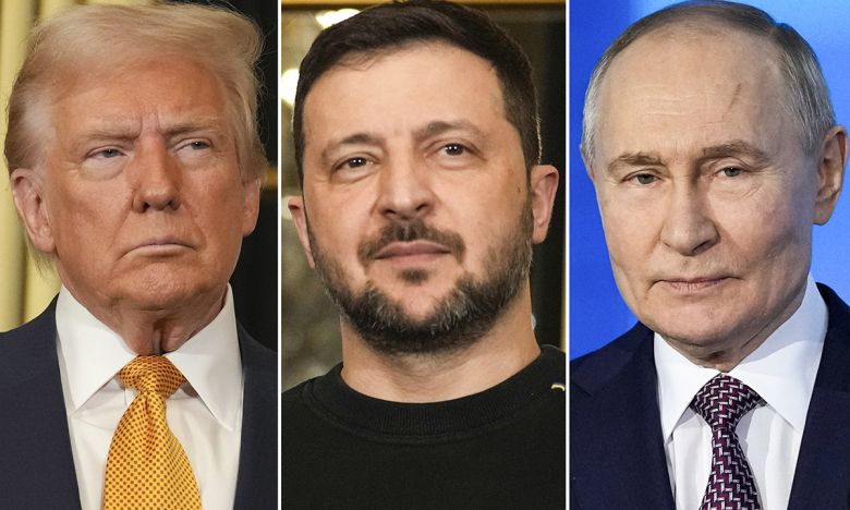 (왼쪽부터) 도널드 트럼프 미국 대통령, 볼로디미르 젤렌스키 우크라이나 대통령, 블라디미르 푸틴 러시아 대통령. AP연합뉴스