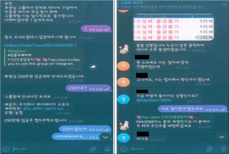 사기 조직이 성매매 알선을 빙자해 피해자와 대화하는 내용. 서울동부지검 보이스피싱범죄정부합동수사단 제공