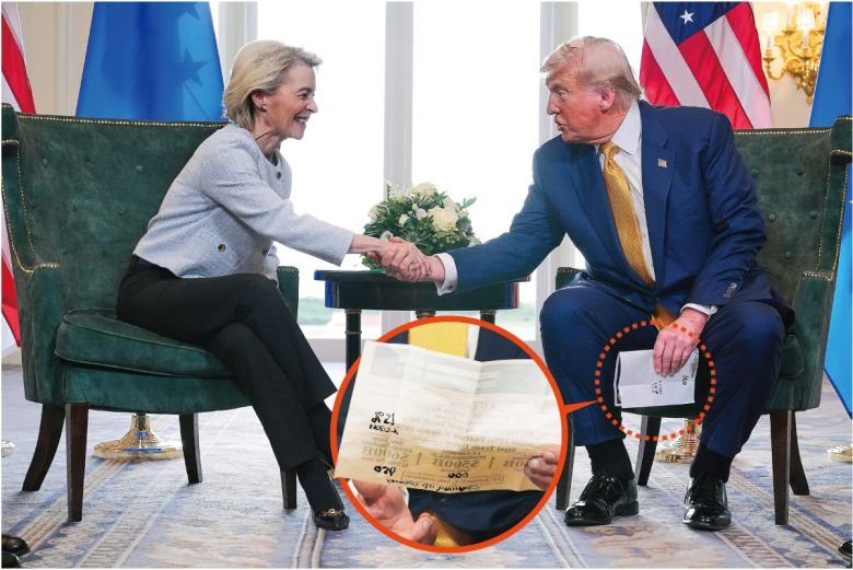 또 고쳐 쓴 투자액 도널드 트럼프 미국 대통령(오른쪽)과 우르줄라 폰데어라이엔 유럽연합 집행위원장이 27일(현지시간) 영국 스코틀랜드 턴베리에서 무역 협상을 타결한 후 악수하고 있다. 트럼프 대통령이 들고 있는 ‘EU 제안’이란 제목의 문서(빨간 원)에는 EU가 당초 제시했던 관세율, 대미 투자액 등이 수정된 숫자가 적혀 있다. 턴베리=AP연합뉴스