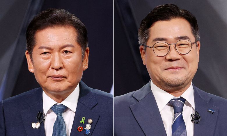 더불어민주당 정청래 당대표 후보(왼쪽)와 박찬대 후보. 국회사진기자단