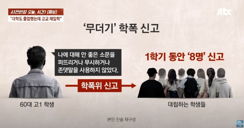 고등학교에 입학한 60대 남성이 학생과 갈등을 빚고 있는 것으로 알려졌다. 유튜브 채널 'JTBC News' 영상 캡처