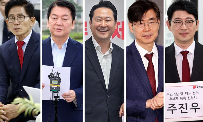 (왼쪽부터) 김문수 전 고용노동부 장관과 안철수·장동혁·조경태·주진우 의원.    뉴시스· 연합뉴스