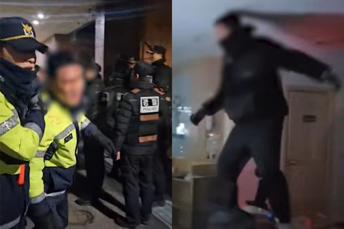 지난 1월19일 윤석열 전 대통령 지지자들의 서울서부지법 난입을 막던 경찰 한 명이 얼굴이 피투성이가 된 채 동료들의 부축을 받아 나오는 모습. 오른쪽은 서부지법 경내에서 기물을 훼손하는 시위대 모습. SBS 보도화면 캡처