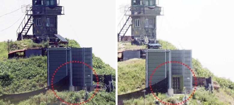 철거된 확성기 군이 4일 대북 심리전을 위해 전방에 설치한 대북 확성기를 철거키로 한 가운데 경기 파주 접경지역에서 바라본 한국 측 초소 앞 군사 시설물 내 대북확성기가 철거(빨간 점선)돼 있다.(왼쪽 사진). 오른쪽 사진은 대북 확성기가 설치된 지난 6월 12일 모습. 파주=뉴시스