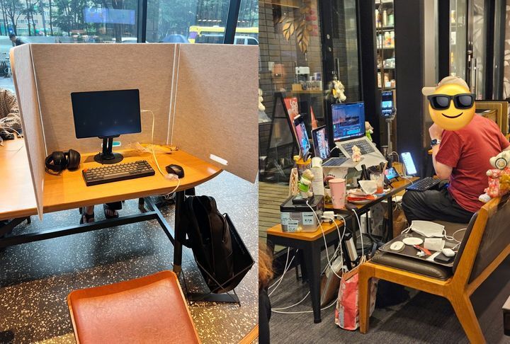 (왼쪽부터)서울 시내 한 스타벅스 매장에서 테이블에 칸막이를 올리고 태블릿PC를 사용하는 모습과 일본의 한 대형 프랜차이즈 카페에 이른바 '카공족'(카페에서 오랜 시간 공부하는 사람들)이 여러 대의 PC를 사용하고 있는 모습. 각각 스레드/X 캡처