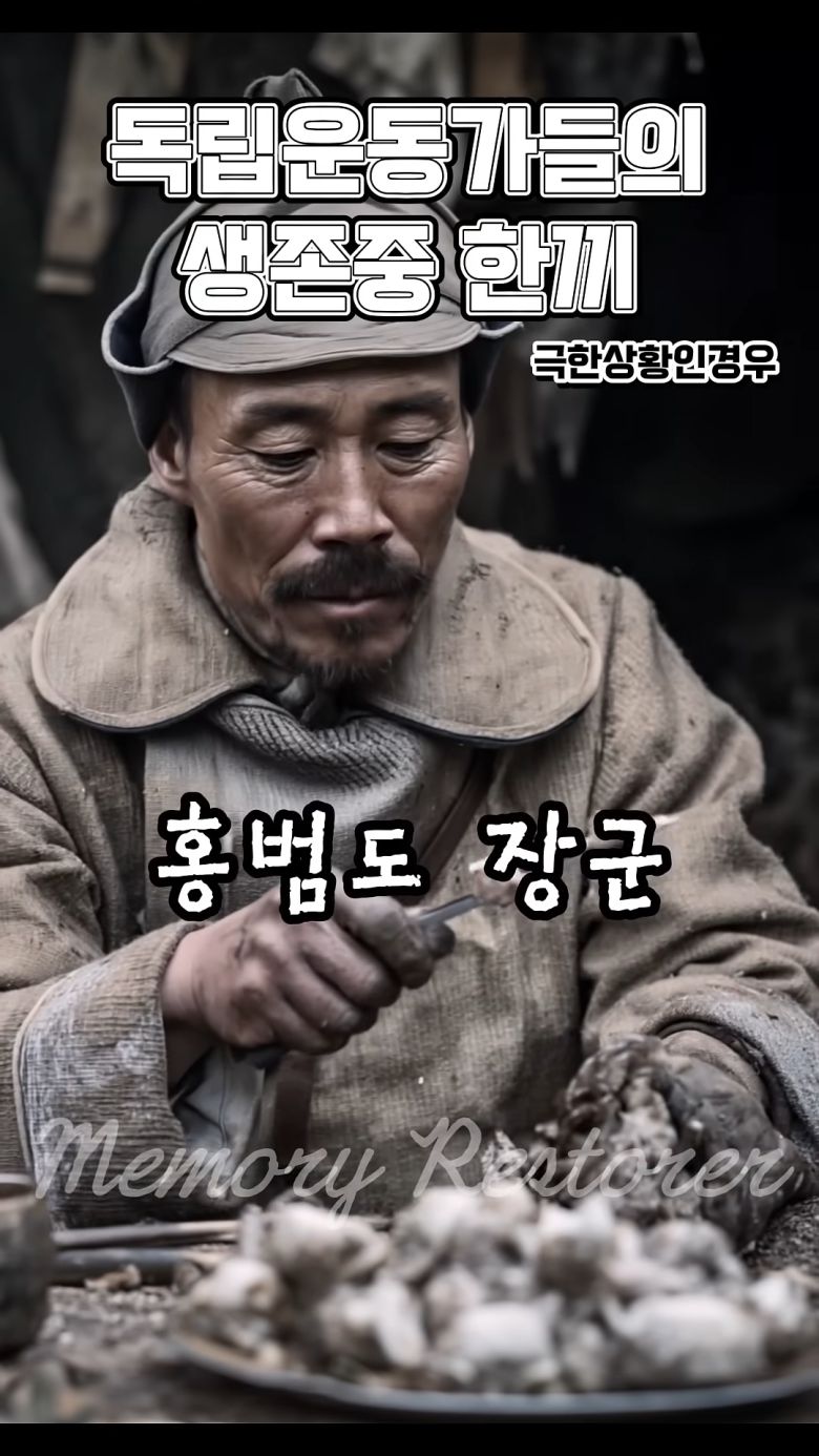 독립운동가의 한끼 쇼츠 영상 중 하나. 홍범도 장군이 칼로 식사하고 있다. ‘Ai 기억복원소’ 유튜브 캡처