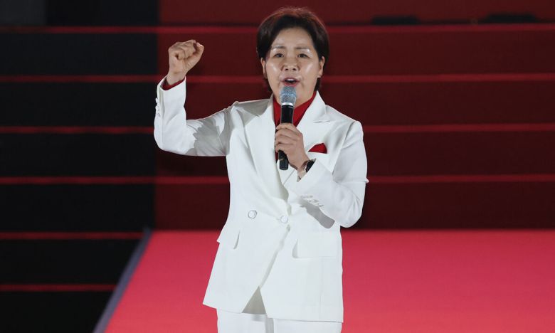 국민의힘 최고위원에 출마한 양향자 후보가 22일 충북 청주시 청주오스코에서 열린 국민의힘 제6차 전당대회에서 후보 연설을 하고 있다. 공동취재