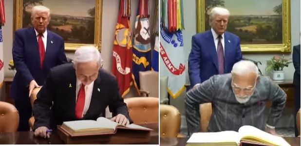 트럼프 대통령이 베냐민 네타냐후 이스라엘 총리와 나렌드라 모디 인도 총리의 의자를 밀어주는 모습. 유튜브 캡처