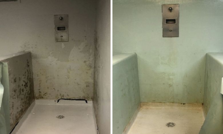 곰팡이 핀 샤워장 미국 이민 당국에 체포된 한국인 300여명 대부분이 수감된 미국 조지아주 포크스턴의 ICE 시설 샤워장 모습.   미 국토안보부 제공