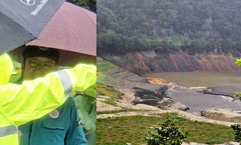 (왼쪽) 13일 오전 강릉 오봉저수시를 찾은 국민의힘 권성동 국회의원. 단비가 내린 가운데 물안개가 자욱한 오봉저수지 모습. 김경호 기자