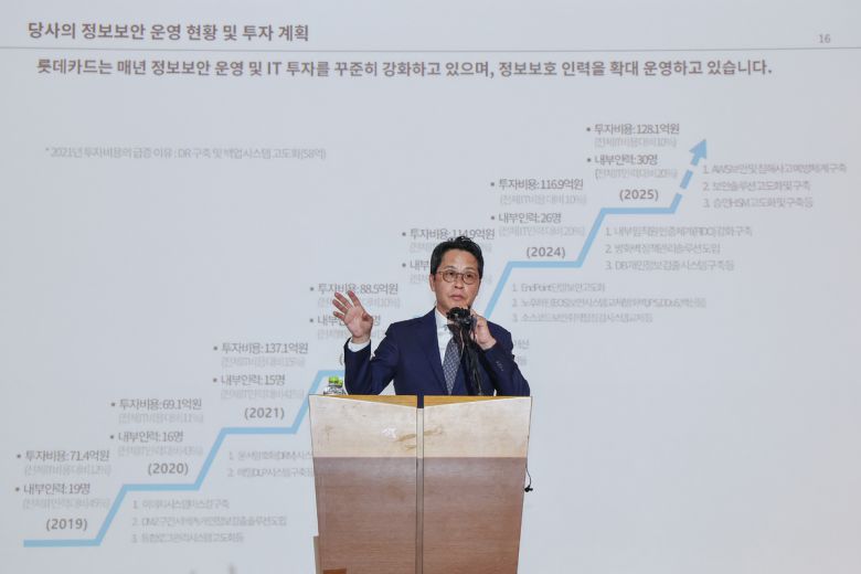 조좌진 롯데카드 대표이사가 18일 서울 중구 부영태평빌딩에서 해킹 사고로 인한 대규모 고객정보 유출사태에 대해 대고객 사과를 한 뒤 취재진 질문에 답변하고 있다. 연합뉴스