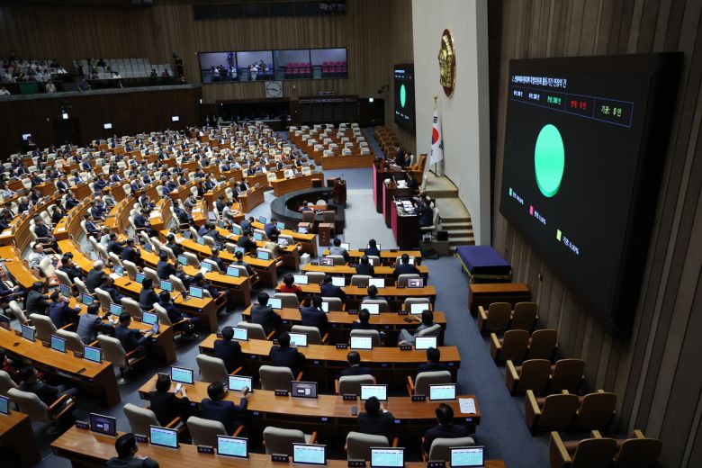 25일 오후 서울 여의도 국회에서 열린 본회의에서 산불피해지원대책 특별위원회 활동기간 연장의 건이 통과되고 있다. 뉴시스