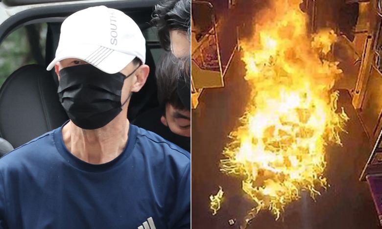 서울 지하철 5호선 열차 안에 불을 지른 60대 남성이 지난 6월 영장실질심사를 위해 서울남부지법에 출석하고 있다. 오른쪽은 방화 현장 모습. 연합뉴스·서울남부지검 제공