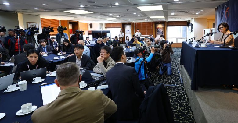 오현주 국가안보실 제3차장이 27일 서울 중구 프레스센터에서 외신기자클럽 기자간담회를 하고 있다. 뉴시스