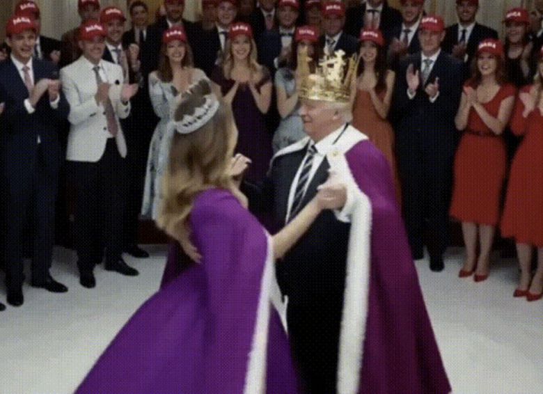 트럼프 대통령이 신라 천마총 금관 모형을 쓰고 멜라니아 여사와 춤을 추는 합성 영상의 한 장면. 엑스 캡쳐