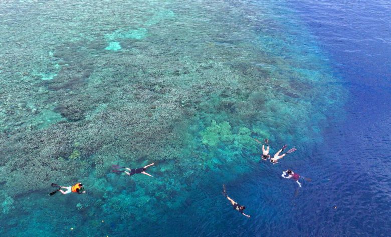 29일(현지시간) 인도네시아 마나도 부나켄 해양국립공원에서 이스타항공의 인천-마나도 첫 편을 통해 도착한 관광객들이 스노쿨링과 다이빙을 즐기며 기념촬영을 하고 있다. 마나도 부나켄 해양국립공원은 맑은 바다 속에서 1,300종 이상의 해양 생물과 370여 종의 살아있는 산호초 등을 맨 눈으로 감상할 수 있어 세계 3대 다이빙 성지로 불린다.
