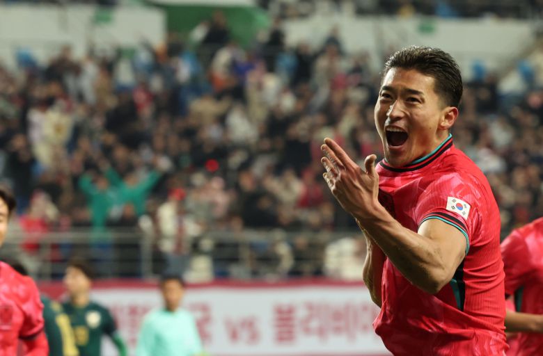 14일 오후 대전 유성구 대전월드컵경기장에서 열린 축구 국가대표팀 평가전 대한민국과 볼리비아의 경기에서 한국 조규성이 추가골을 넣은 뒤 기뻐하고 있다.   뉴시스