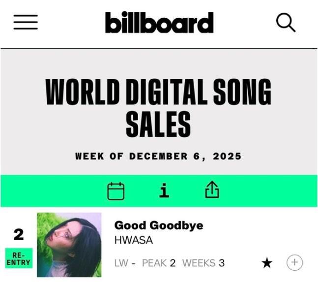 'billboard WORLD DIGITAL SONG SALES'(빌보드 월드 디지털 송 세일즈) 2위에 오른 화사의 'Good Goodbye'(굿 굿바이). billboard 홈페이지