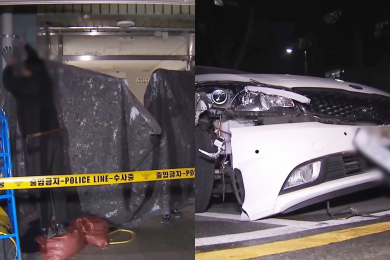 지난 4일 천안시 서북구 쌍용동의 한 아파트 관리사무소 입구 유리문이 산산조각 난 모습. 오른쪽은 이웃을 흉기 살해한 40대 남성이 운전한 차량. MBC 보도화면 캡처