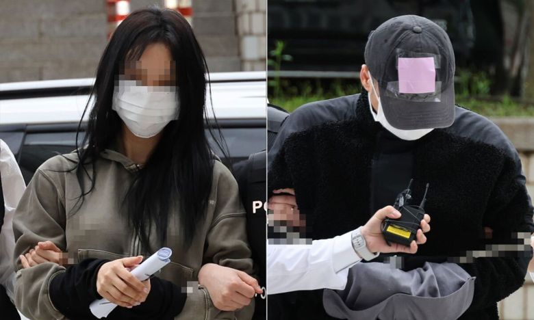 축구선수 손흥민의 아이를 임신했다고 임신했다고 주장하며 거액을 요구한 20대 여성 양모씨(왼쪽)와 40대 남성 용모씨가 지난 5월 17일 영장실질심사를 받기 위해 서울중앙지법에 들어서고 있다. 연합뉴스