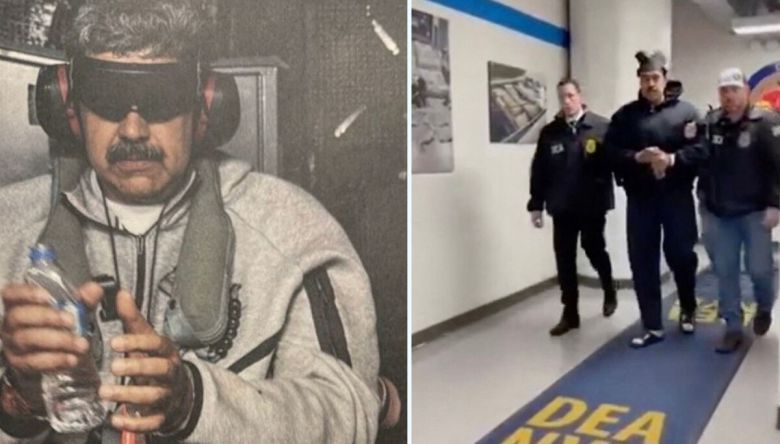 니콜라스 마두로 베네수엘라 대통령이 미군에 체포된 뒤 손에 수갑이 채워진 채 미국으로 압송되고 있다(왼쪽). 오른쪽 사진은 뉴욕에 도착한 마두로(가운데)가 미 행정부 요원들의 경계 속에 구치소로 끌려가는 모습. SNS 캡처