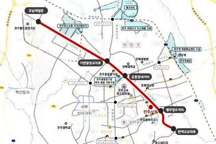 전주시가 기린대로에 계획한 간선급행버스체계(BRT) 구축 사업 노선도.   전주시 제공