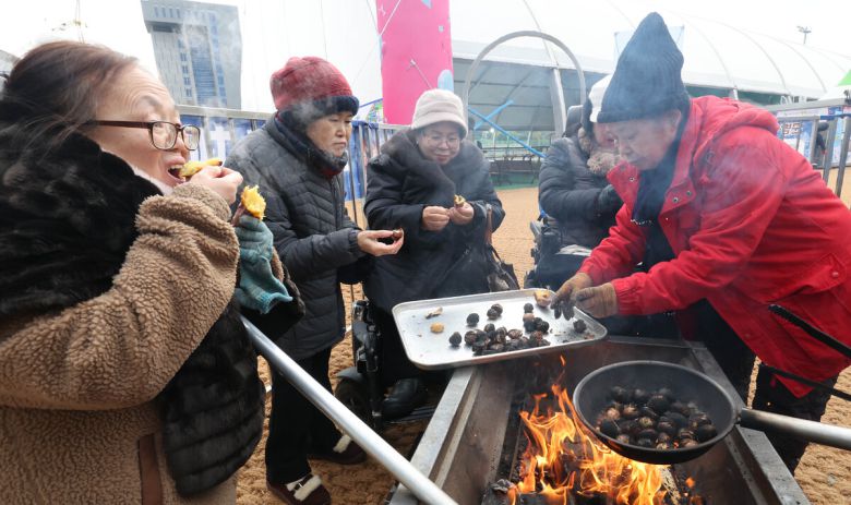 겨울 테마파크 2026 노원 눈썰매장 장애인 가족 초청행사가 열린 12일 서울 노원구 한국과학기술대학교에 마련된 행사장에서 참가자들이 군밤 굽기 체험을 하고 있다.