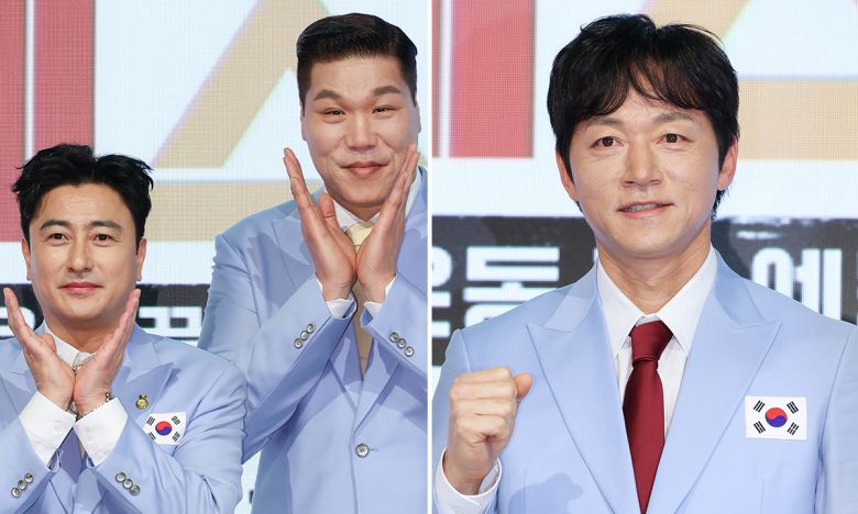 안정환과 서장훈이 14일 서울 여의도 페어몬트 앰버서더 호텔에서 열린 JTBC ''예스맨'' 제작발표회에서 포즈를 취하고 있다. 오른쪽 사진은 김남일. 연합뉴스