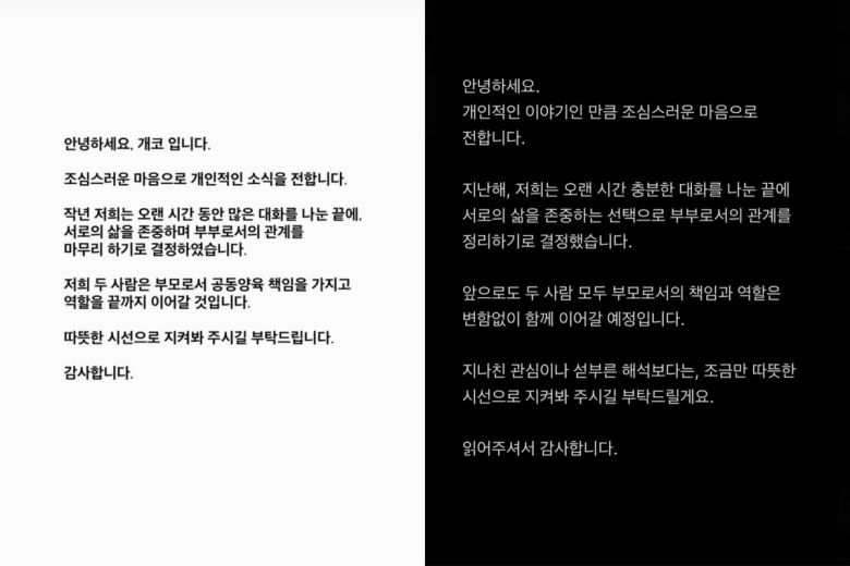 개코와 김수미가 각자 이혼 소식을 전했다. 개코, 김수미 SNS