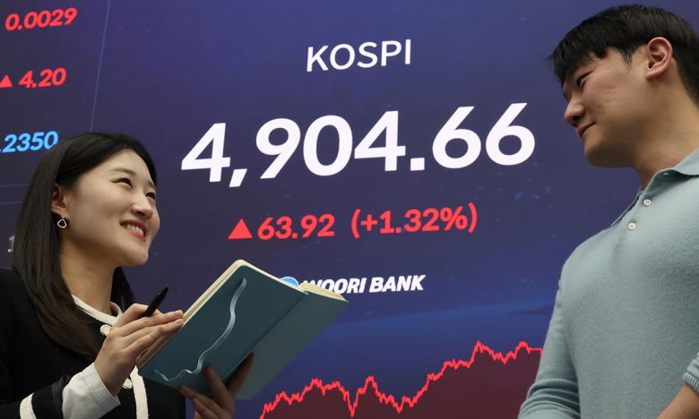 19일 서울 중구 우리은행 본점 딜링룸에 코스피 종가가 표시돼있다. 이날 코스피는 전장보다 63.92포인트(1.32%) 오른 4,904.66에 장을 마치며 종가 기준 사상 최고치를 또 경신했다. 연합뉴스